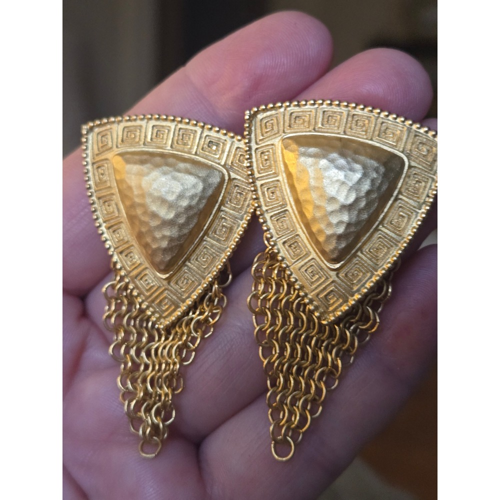 Rare Whiting&Davis Goldtone Greek Key Hammered Fringe Earrings Stunning! - Picture 4 of 6